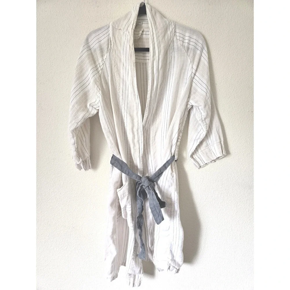 Serena & Lily Womens Striped 100% Linen Robe White Beige S/M Made in Portugal